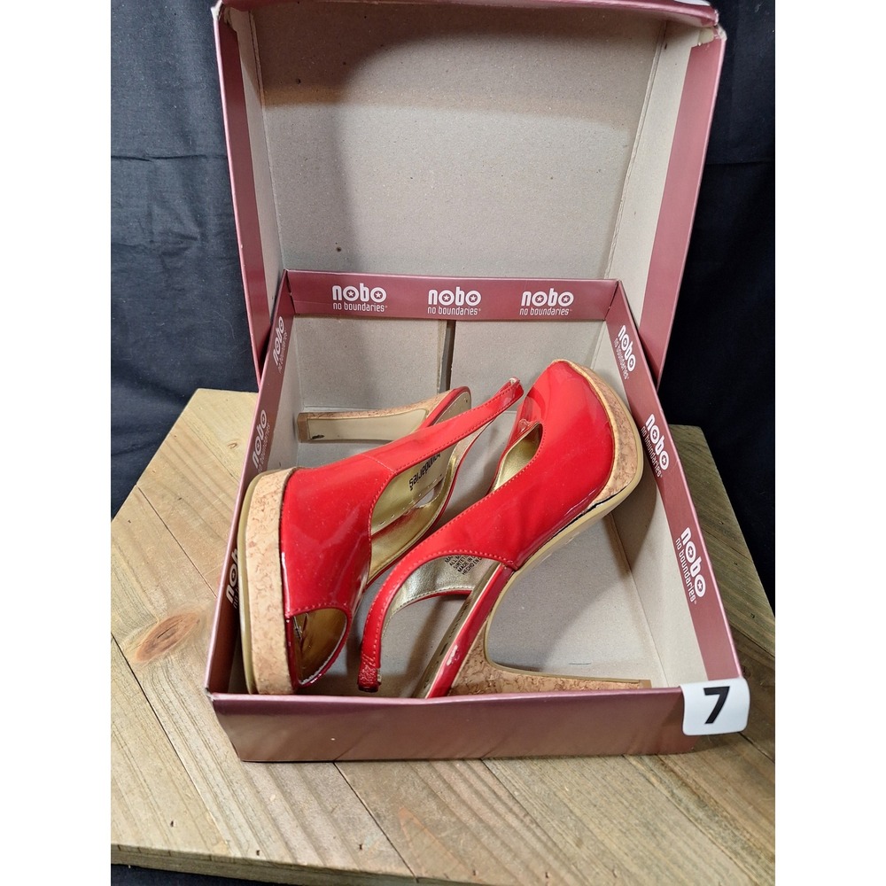 No Boundaries Marge Red Patent Peep Toe Slingback‎ Cork Platform Heels Womens 7